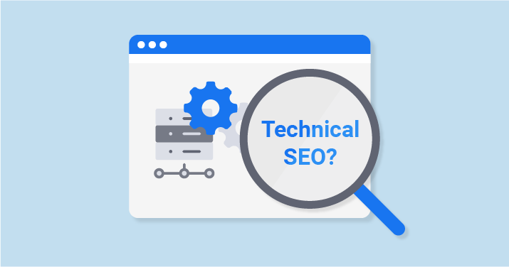 A web browser window with a magnifying glass on 'Technical SEO?' and a gear icon, symbolizing technical SEO.