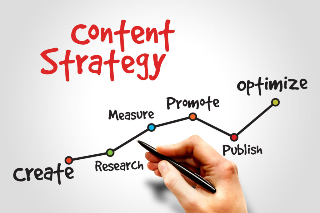 A hand drawing a content strategy flowchart with steps like create and promote, with 'SEO Tips 2024' for better planning.