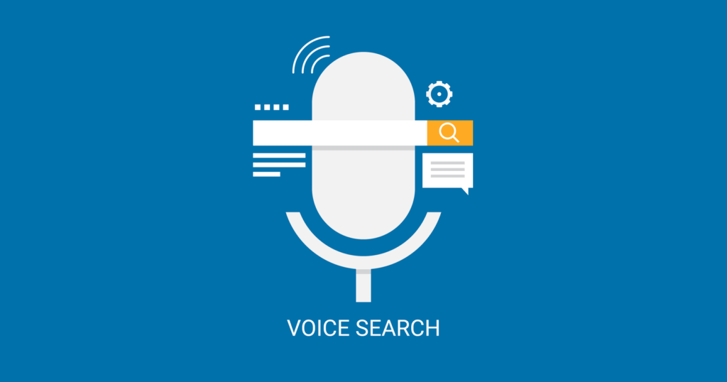 A microphone icon with search bar elements and 'Voice Search,' representing voice-activated search technology.