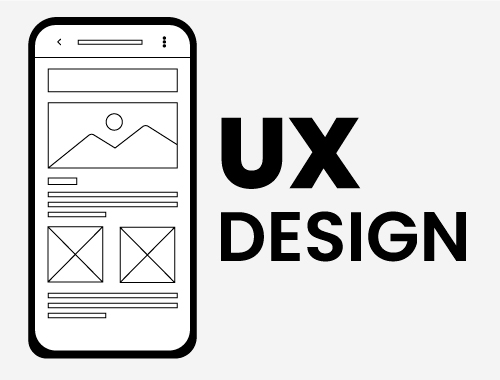 A black-and-white mobile wireframe layout with 'UX Design' text beside it.