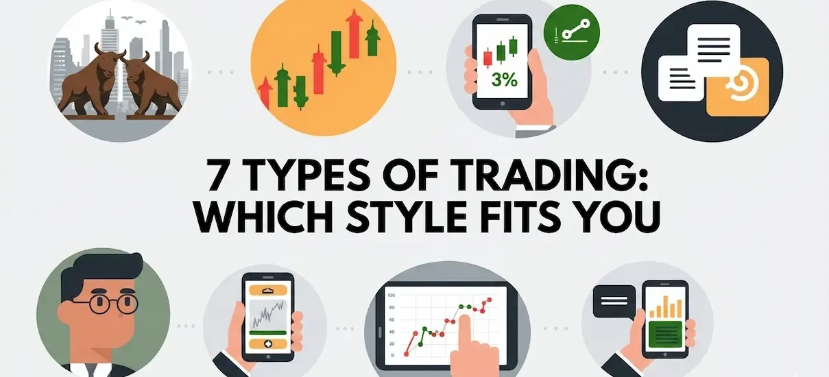 7 types of trading explained with mobile charts, market icons and trading style visuals for beginners
