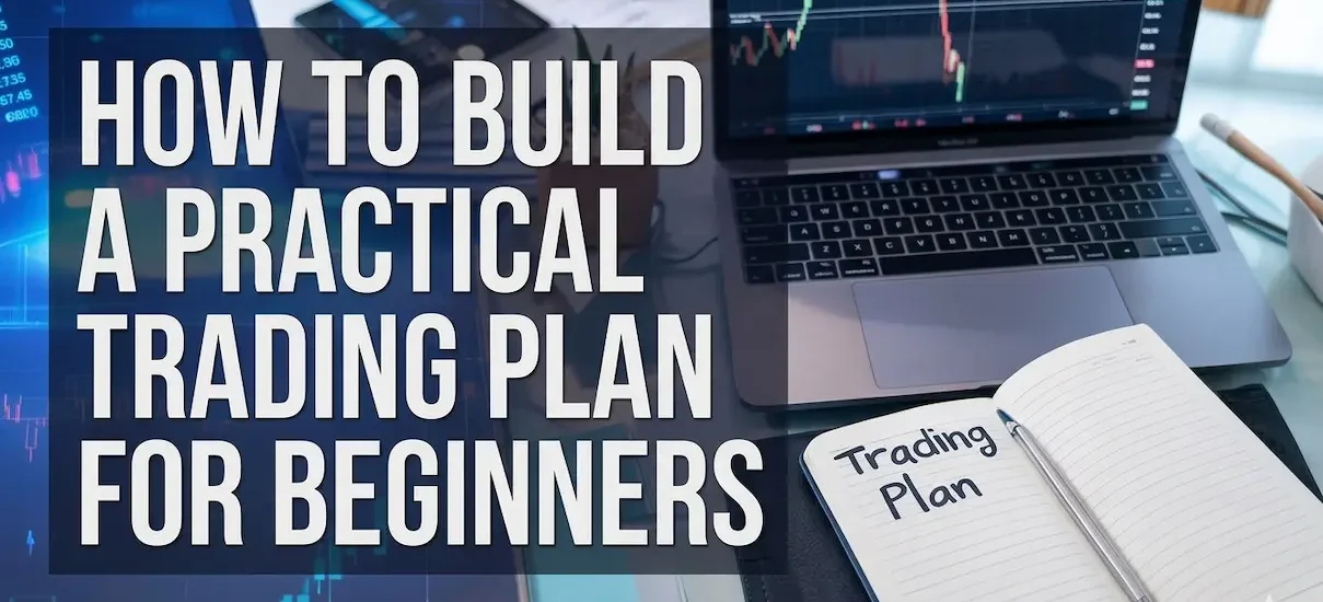 How to build a practical trading plan for beginners shown with laptop chart and trading notebook