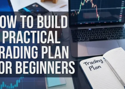 How to build a practical trading plan for beginners shown with laptop chart and trading notebook