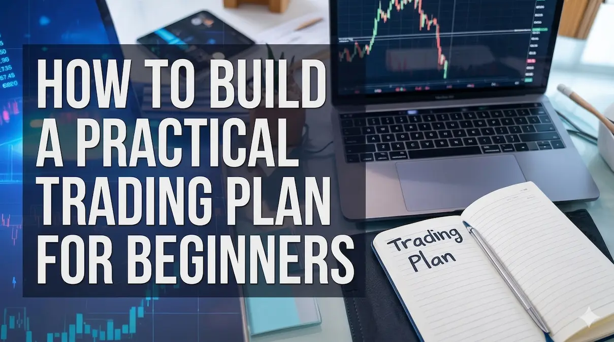 How to build a practical trading plan for beginners shown with laptop chart and trading notebook