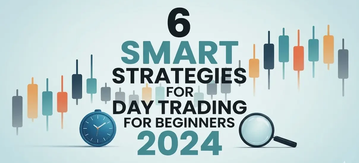 6 smart strategies for day trading beginners in 2024 shown with candlestick charts and trading tools
