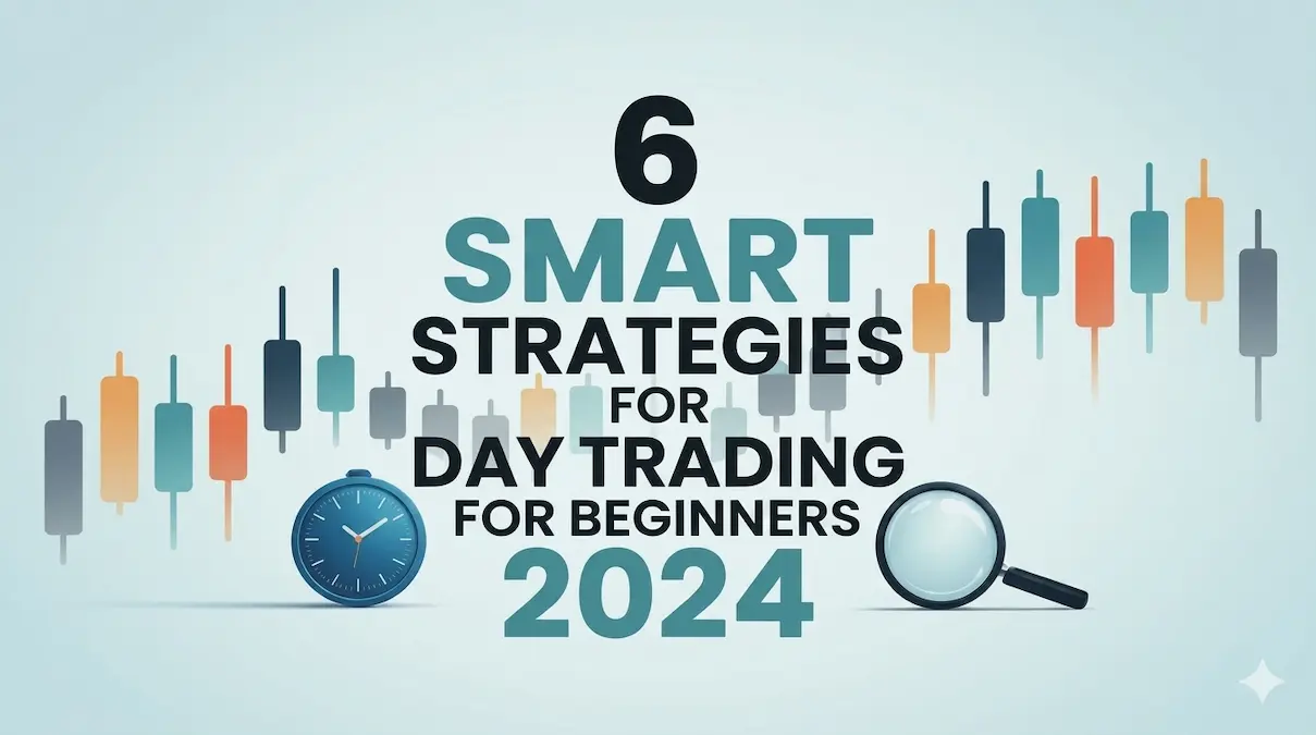 6 smart strategies for day trading beginners in 2024 shown with candlestick charts and trading tools