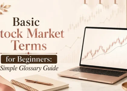 Basic stock market terms for beginners shown with laptop chart, notebook, and simple glossary guide