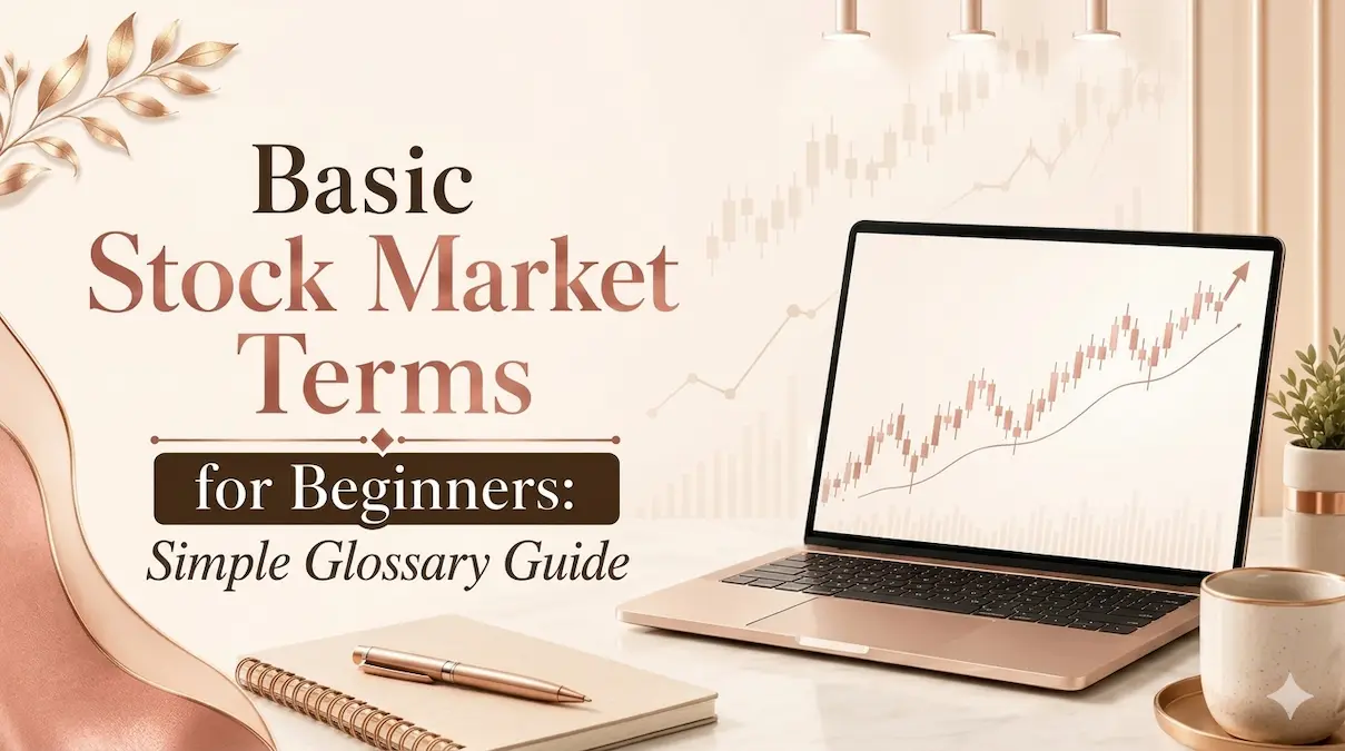 Basic stock market terms for beginners shown with laptop chart, notebook, and simple glossary guide