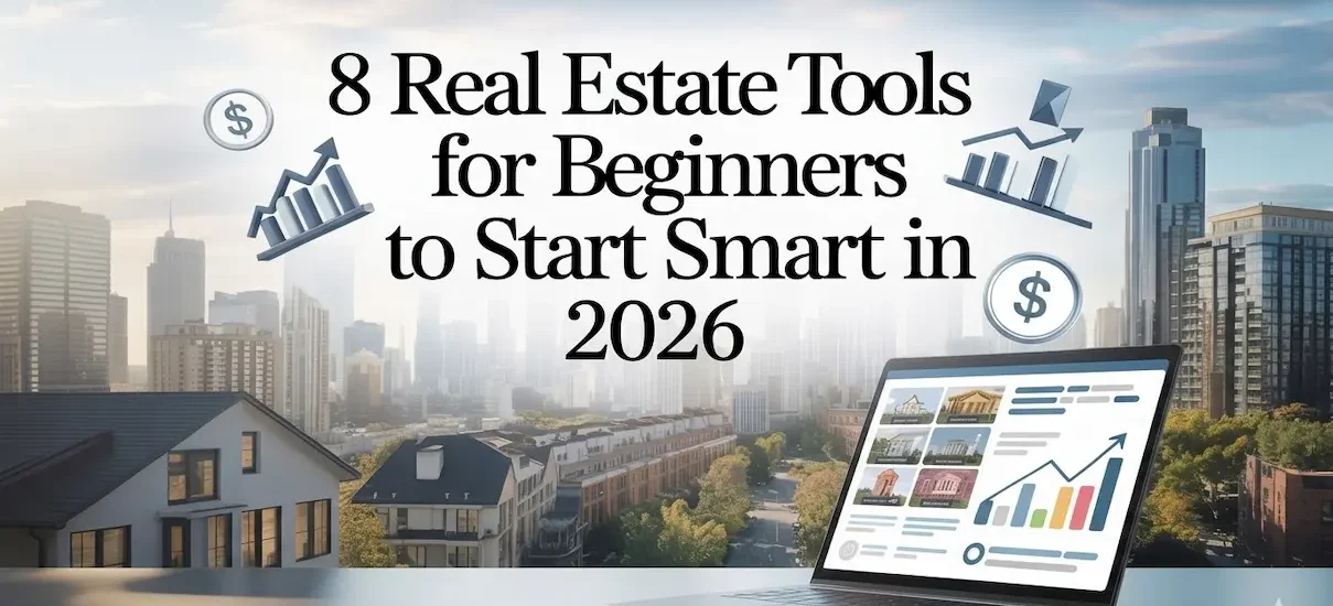 8 real estate tools for beginners in 2026 shown with property dashboard and city skyline
