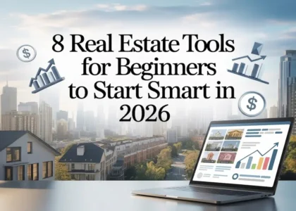 8 real estate tools for beginners in 2026 shown with property dashboard and city skyline
