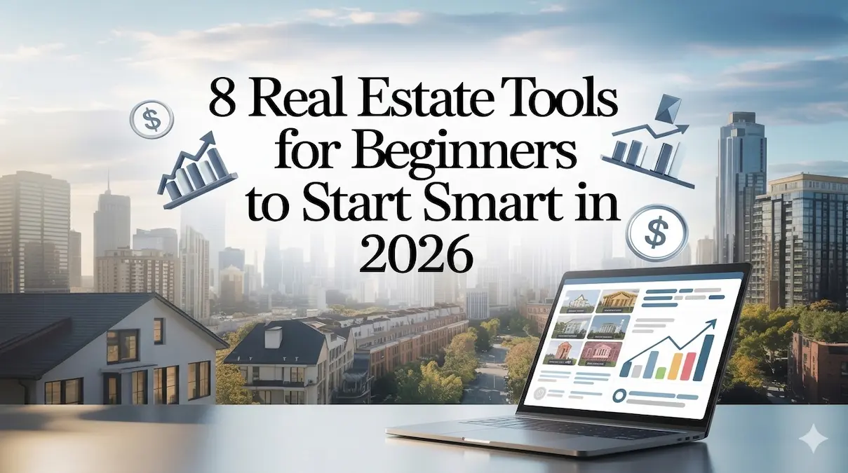 8 real estate tools for beginners in 2026 shown with property dashboard and city skyline
