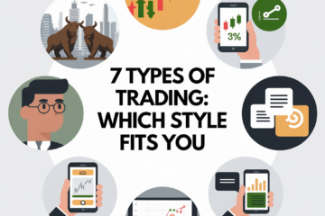 Title 7 Types of Trading: Which Style Fits You? with icons representing different trading strategies and market trends.