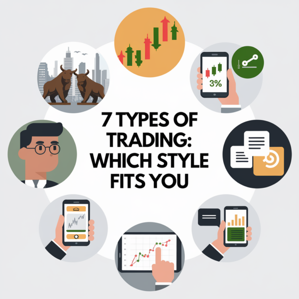 Title 7 Types of Trading: Which Style Fits You? with icons representing different trading strategies and market trends.