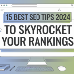 15 Best SEO Tips 2024 to Skyrocket Your Rankings Illustration with growth charts, arrows, and icons on a computer screen.