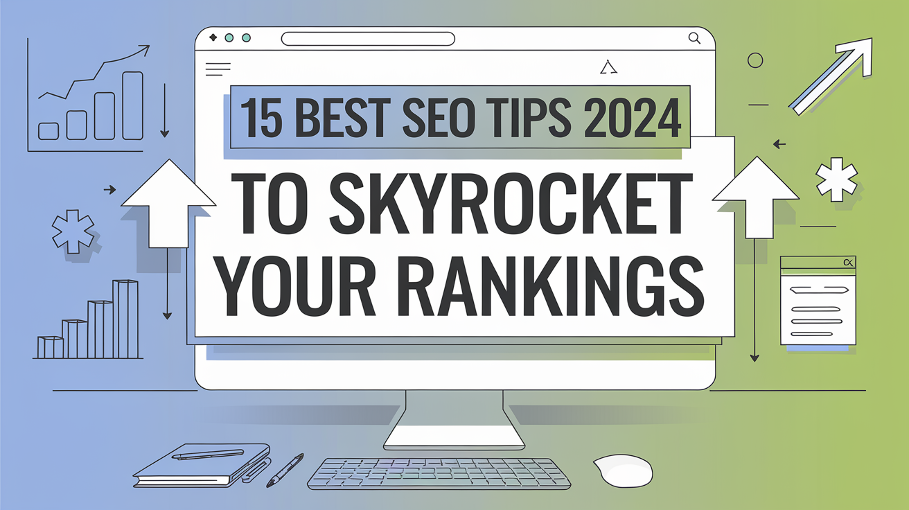 15 Best SEO Tips 2024 to Skyrocket Your Rankings Illustration with growth charts, arrows, and icons on a computer screen.