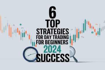 6 Top Strategies for Day Trading for Beginners 2024 featuring candlestick chart, clock, and magnifying glass for analysis.