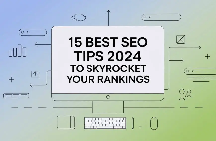 Minimalist tech illustration with computer screen displaying '15 Best SEO Tips 2024 to Skyrocket Rankings