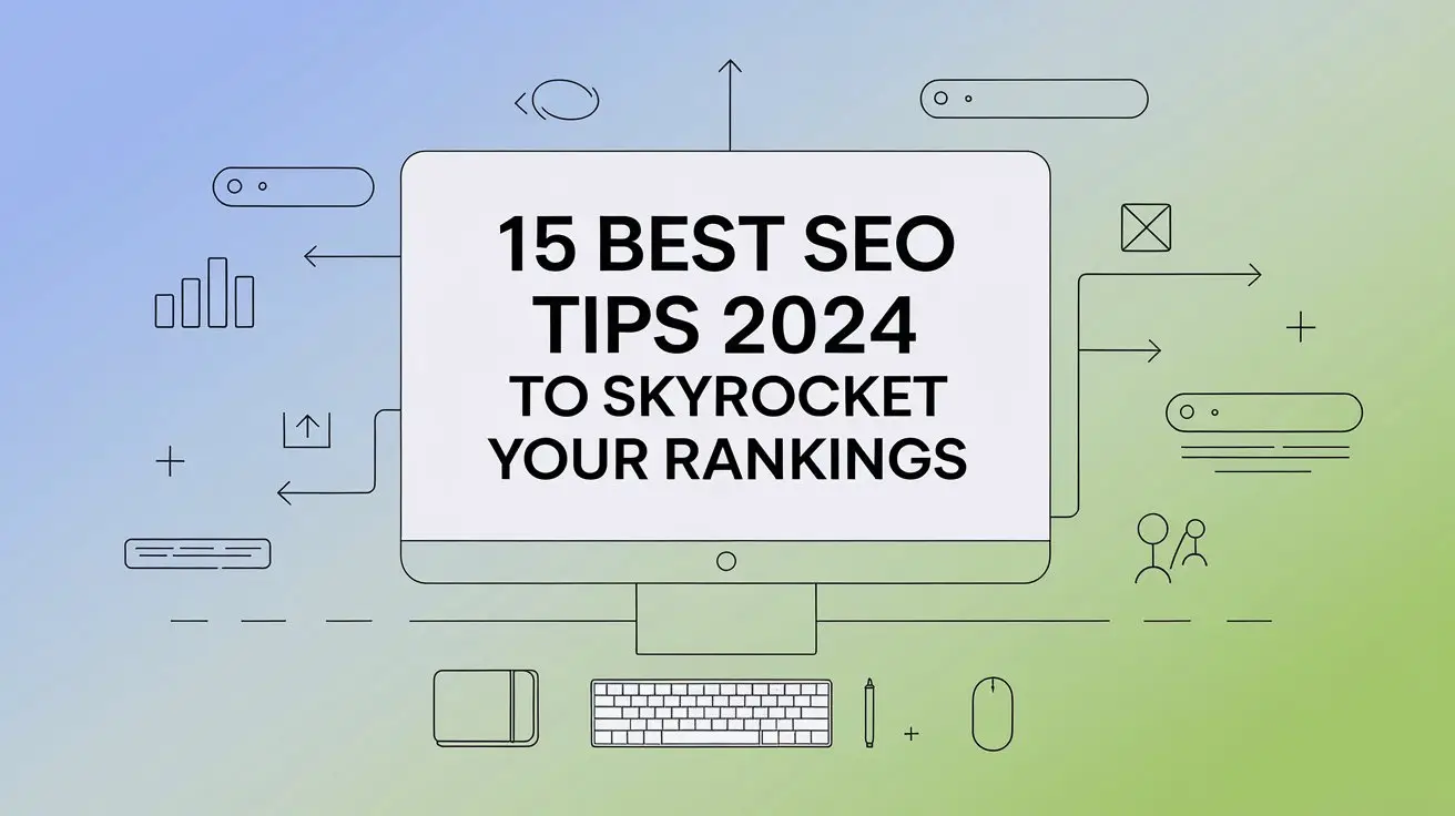 Minimalist tech illustration with computer screen displaying '15 Best SEO Tips 2024 to Skyrocket Rankings