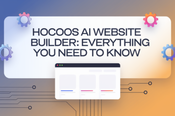 Hocoos AI Website Builder overview with gears and a website layout showcasing its key features and functions