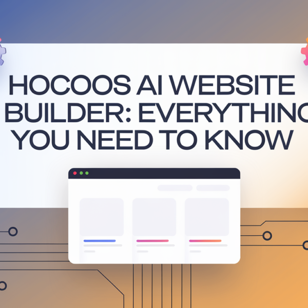 Hocoos AI Website Builder overview with gears and a website layout showcasing its key features and functions