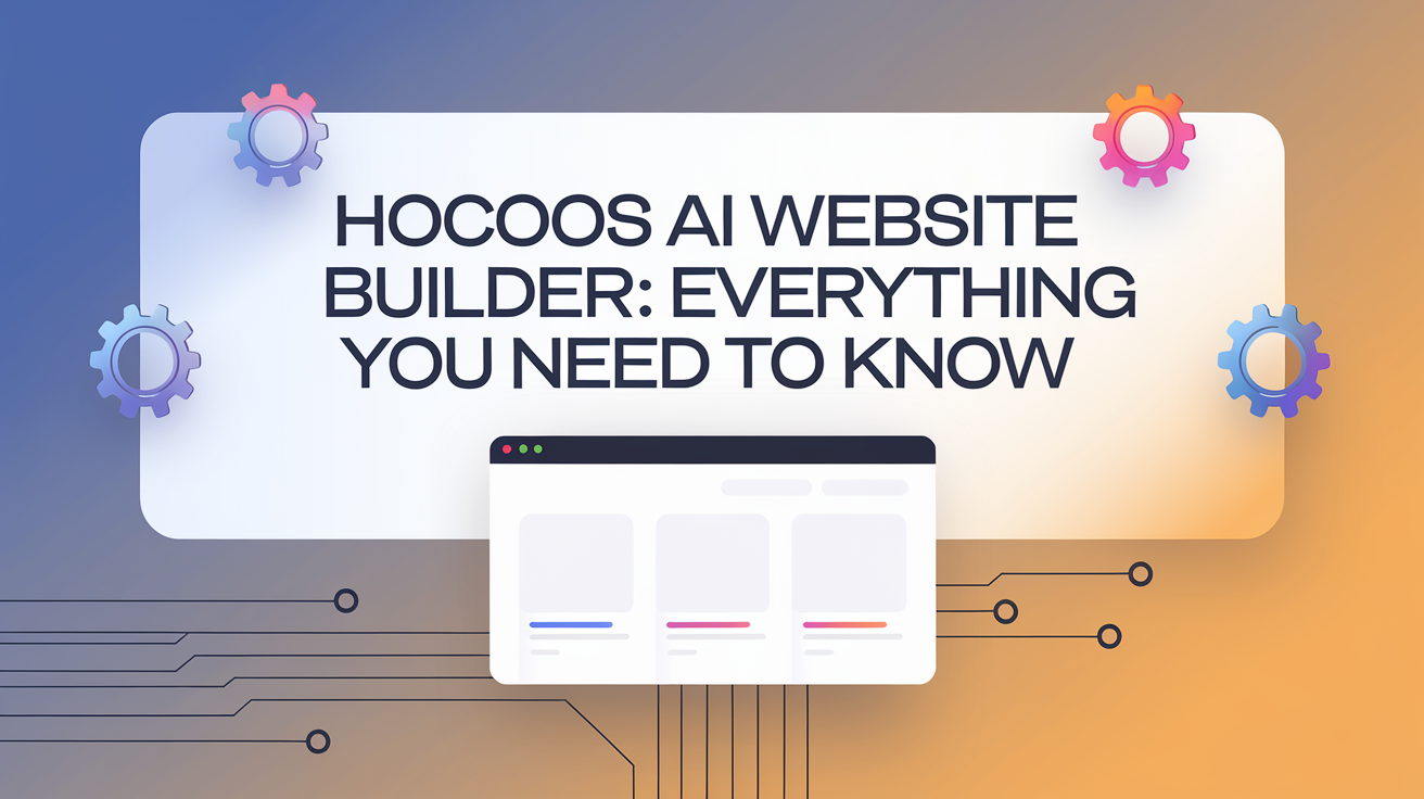 Hocoos AI Website Builder overview with gears and a website layout showcasing its key features and functions