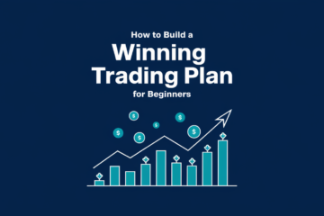 Bar and line charts with dollar signs rising, titled How to Build a Winning Trading Plan for Beginners on a blue background.