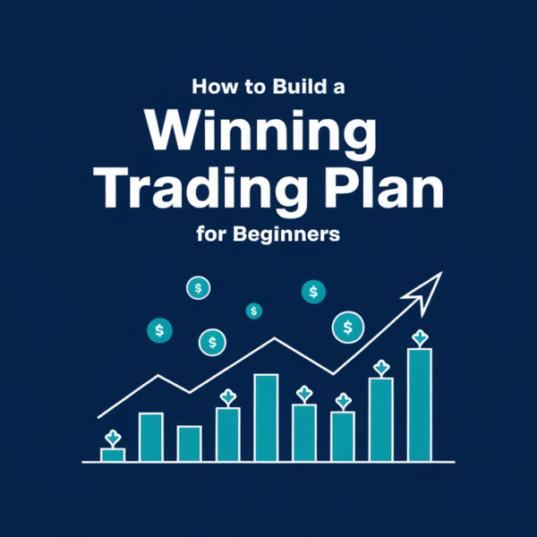 Bar and line charts with dollar signs rising, titled How to Build a Winning Trading Plan for Beginners on a blue background.