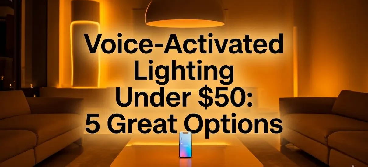 Voice-activated lighting under $50 shown in a warm smart living room with phone control