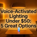 Voice-activated lighting under $50 shown in a warm smart living room with phone control