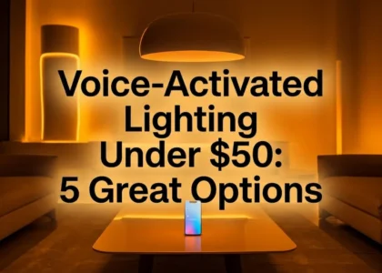 Voice-activated lighting under $50 shown in a warm smart living room with phone control