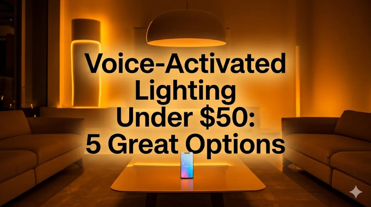 Voice-activated lighting under $50 shown in a warm smart living room with phone control