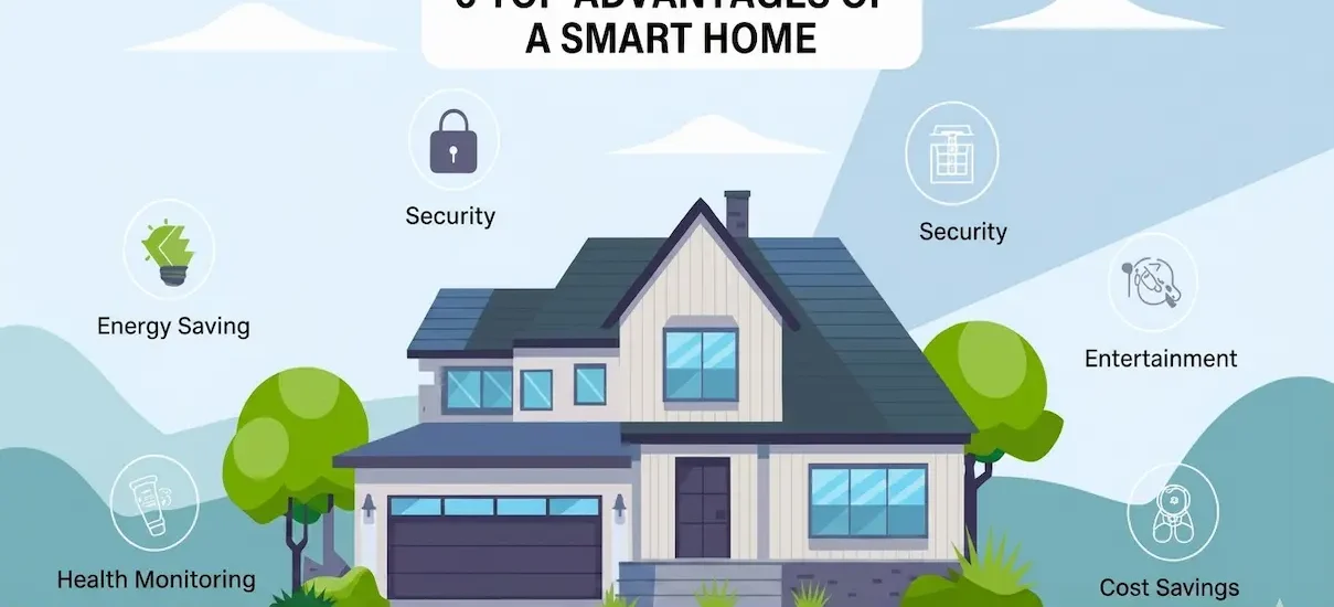 Illustration showing 6 top advantages of a smart home with security energy saving and cost savings icons