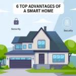 Illustration showing 6 top advantages of a smart home with security energy saving and cost savings icons