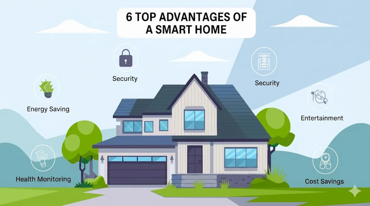 Illustration showing 6 top advantages of a smart home with security energy saving and cost savings icons