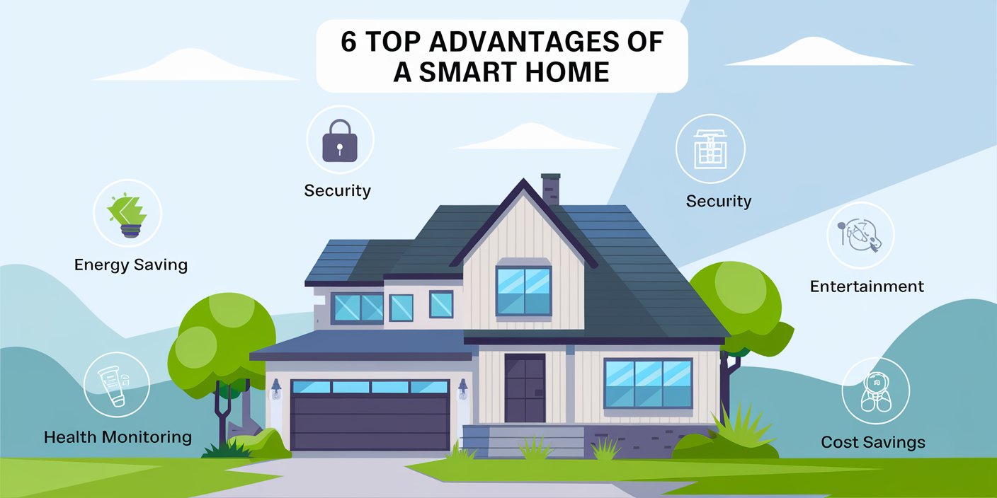 Modern smart home showcasing 6 top Advantages of a Smart Home, including energy saving, security, etc.