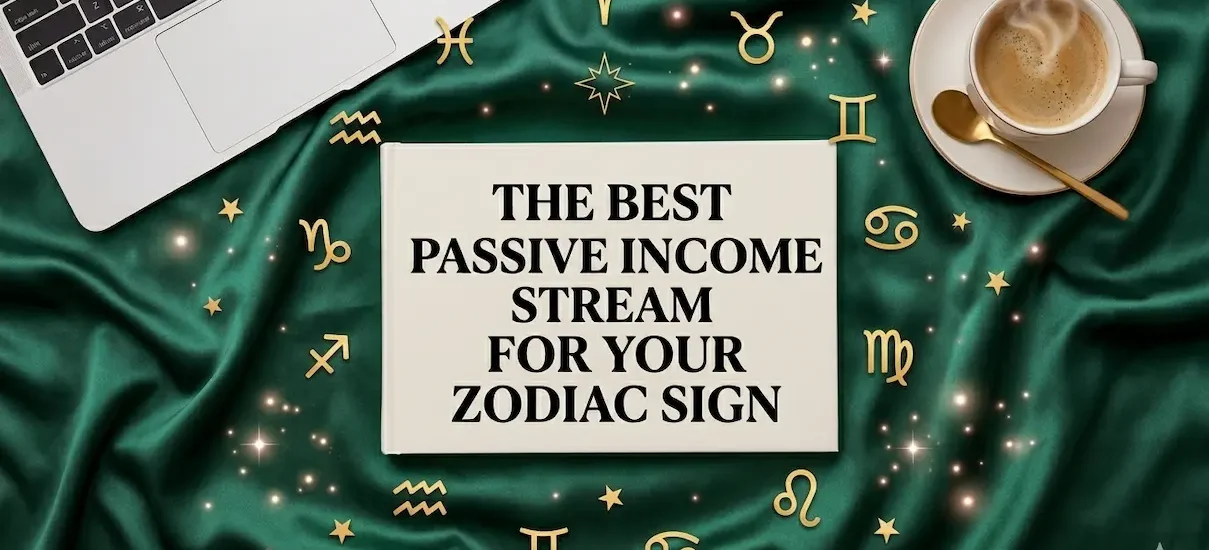 Zodiac-themed desk showing the best passive income stream for your zodiac sign with laptop and hot coffee