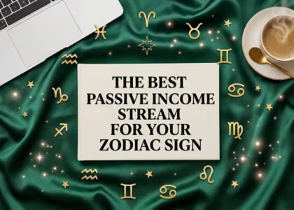 Zodiac-themed desk showing the best passive income stream for your zodiac sign with laptop and hot coffee