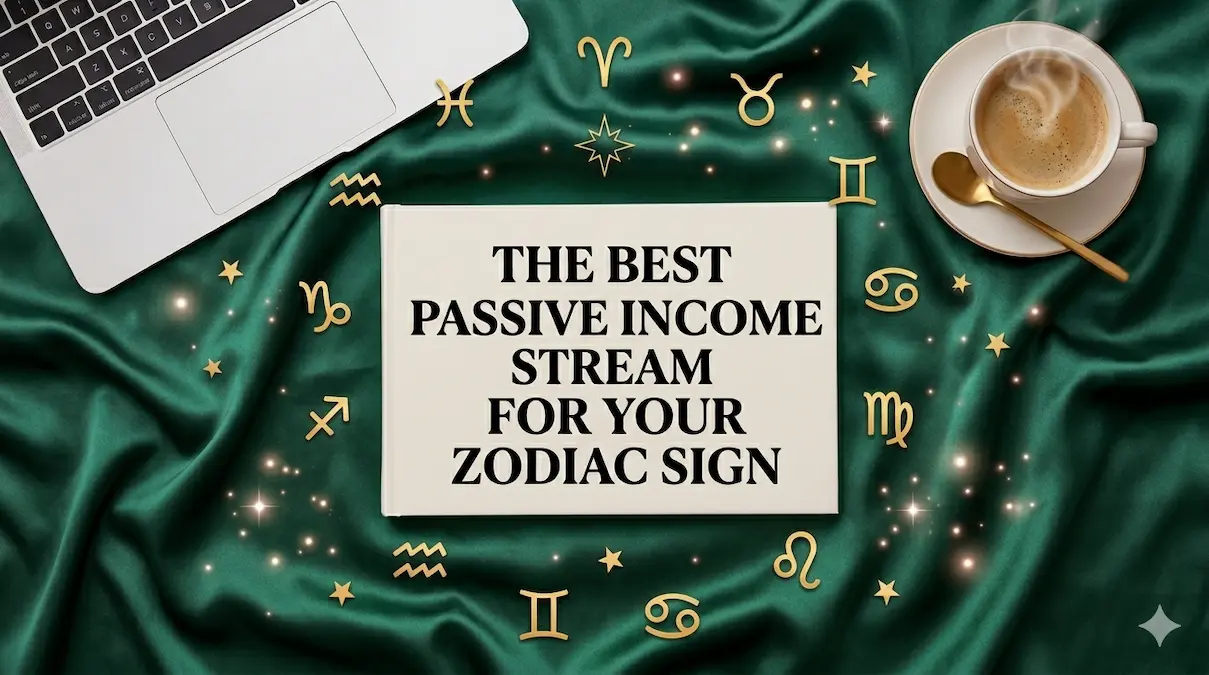 Zodiac-themed desk showing the best passive income stream for your zodiac sign with laptop and hot coffee