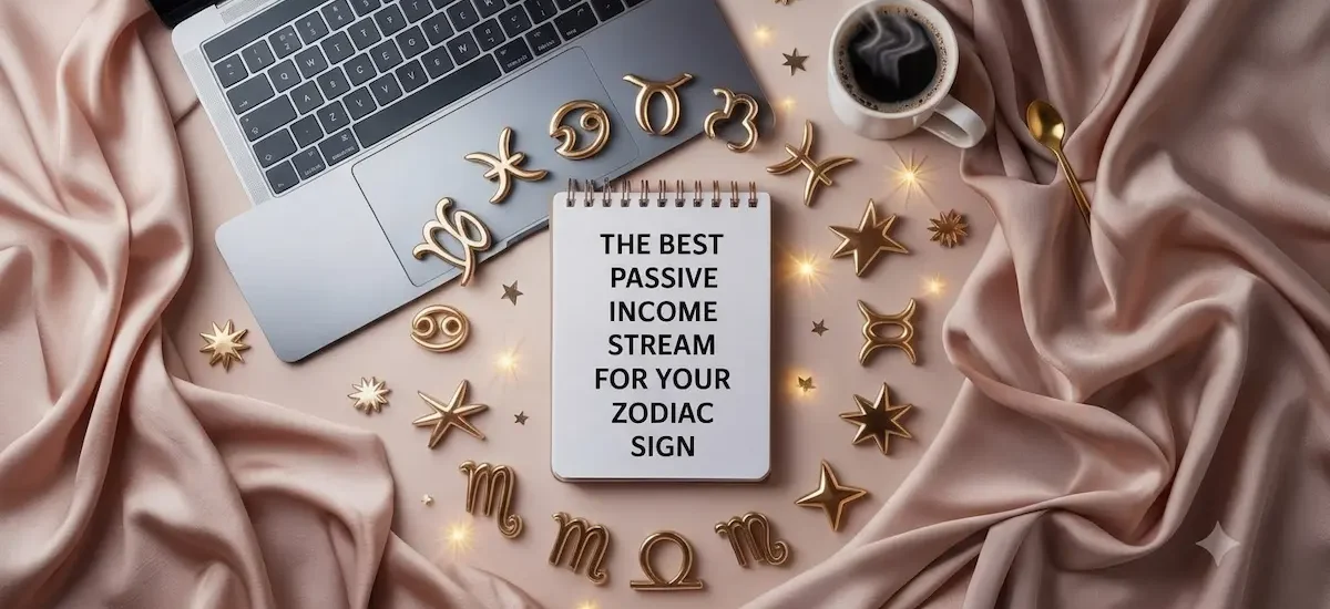 Flat lay image with zodiac symbols, laptop, coffee, and notebook about the best passive income stream for each zodiac sign.