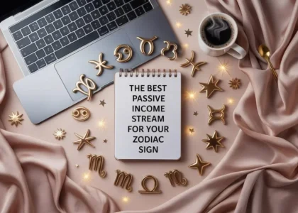 Flat lay image with zodiac symbols, laptop, coffee, and notebook about the best passive income stream for each zodiac sign.