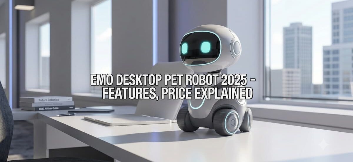 EMO desktop pet robot on a modern desk with title text about features and price explained