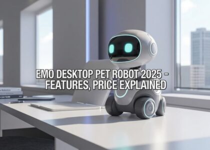 EMO desktop pet robot on a modern desk with title text about features and price explained
