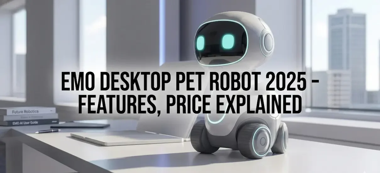 EMO desktop pet robot 2025 displayed on office desk with cute AI robot and feature price title