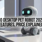 EMO desktop pet robot 2025 displayed on office desk with cute AI robot and feature price title