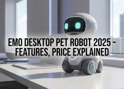 EMO desktop pet robot 2025 displayed on office desk with cute AI robot and feature price title