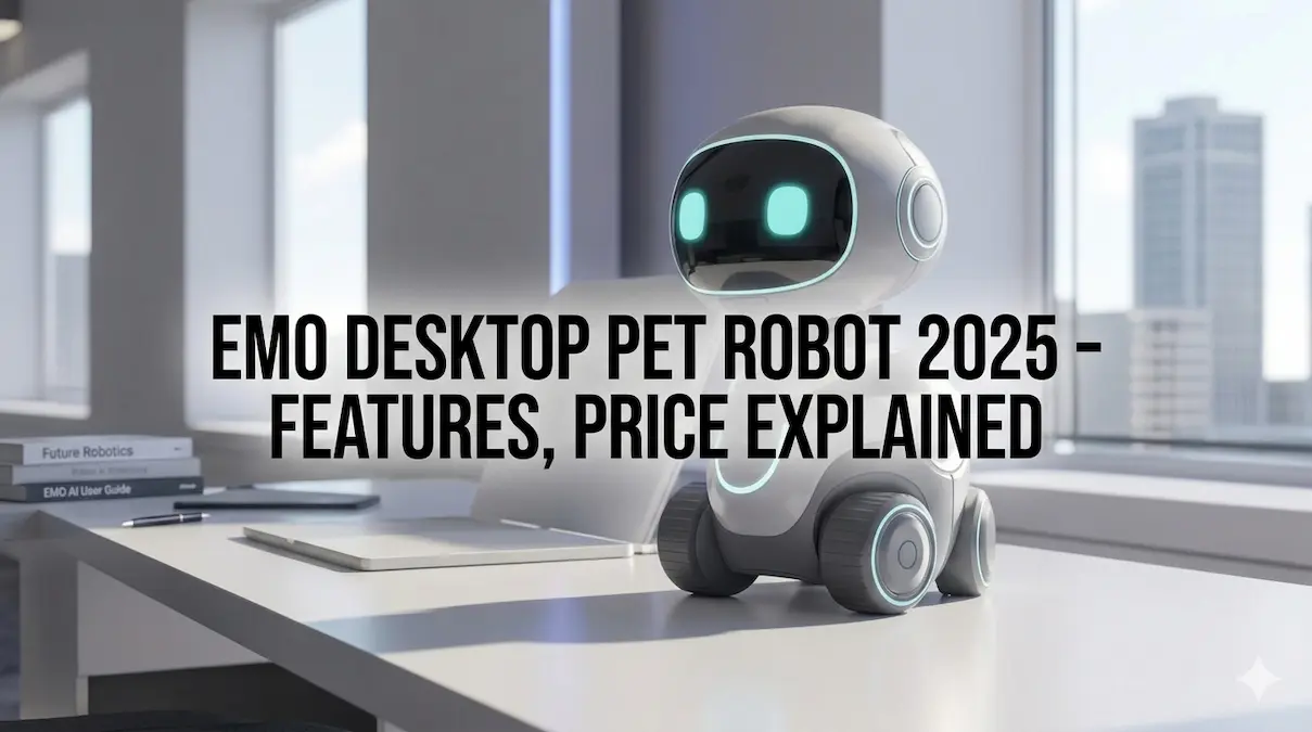 EMO desktop pet robot 2025 displayed on office desk with cute AI robot and feature price title