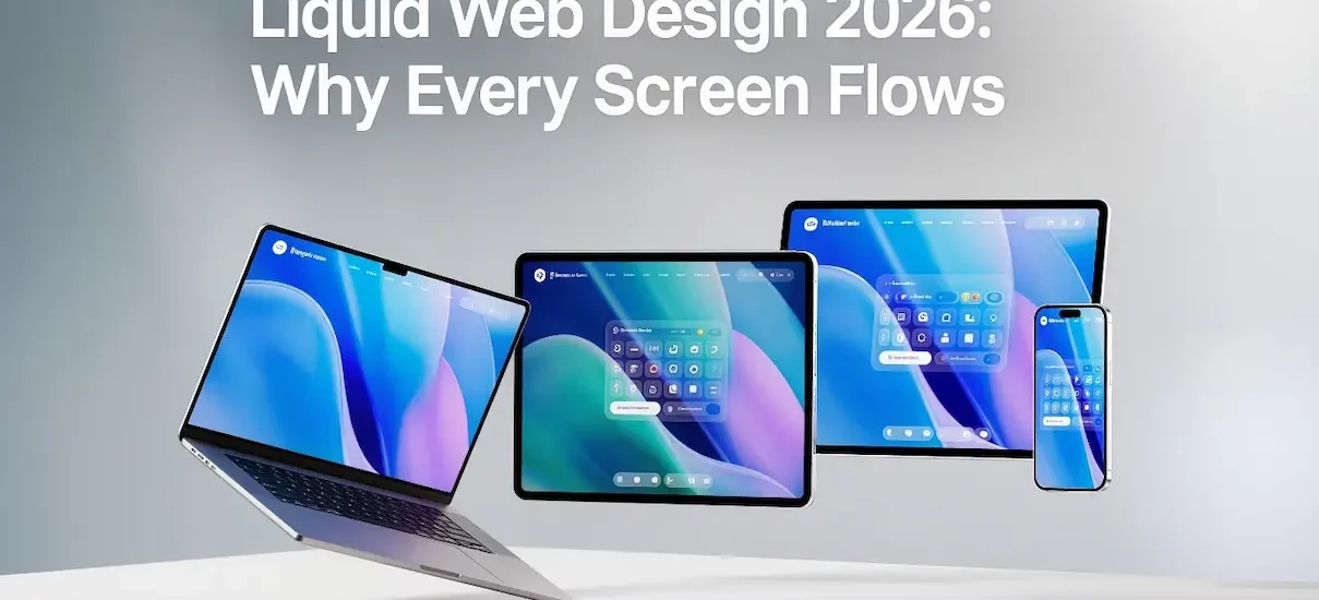 Liquid web design screens flowing across devices with smooth gradients