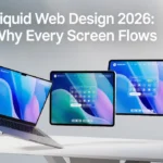 Liquid web design screens flowing across devices with smooth gradients