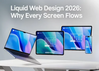 Liquid web design screens flowing across devices with smooth gradients