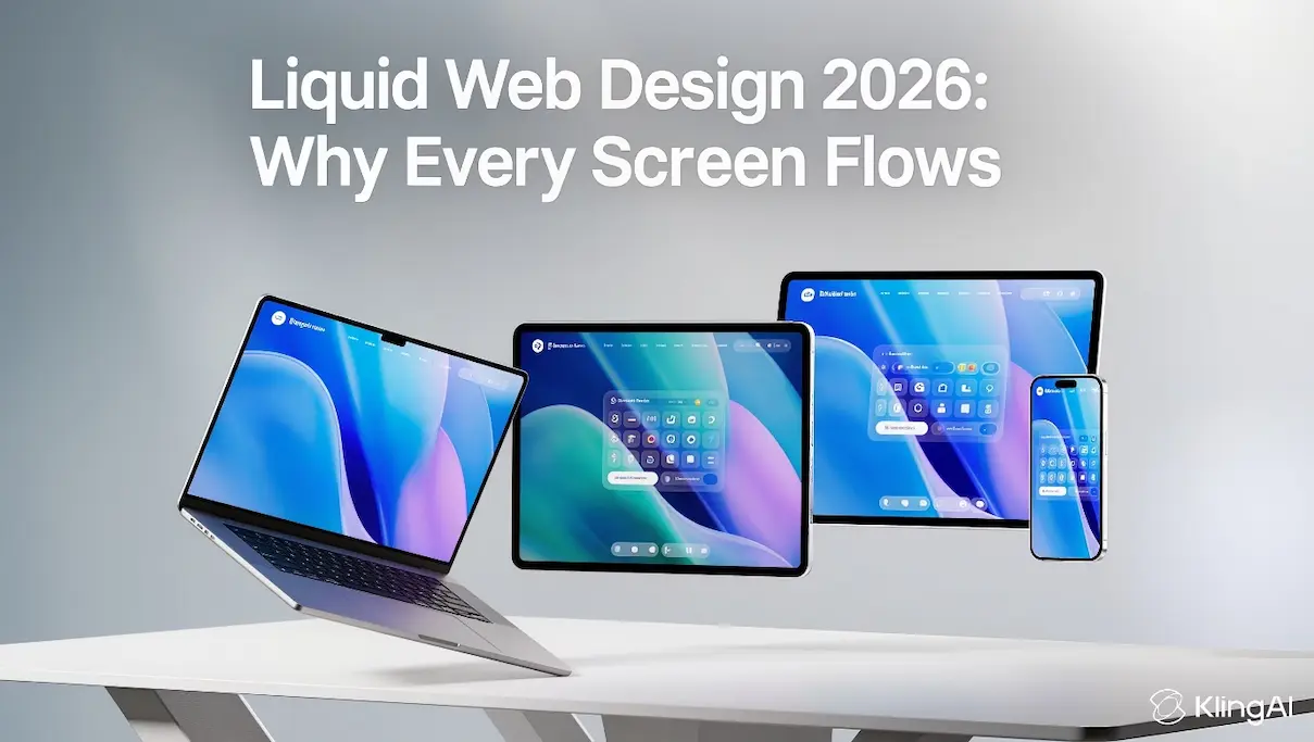 Liquid web design screens flowing across devices with smooth gradients